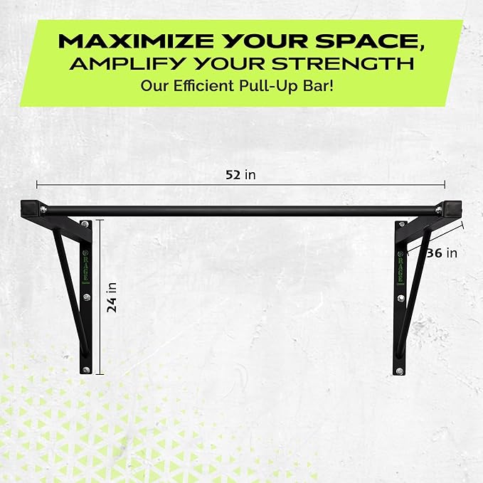 Rage Fitness Heavy-Duty Wall Mounted Pull Up Bar - 500 lbs Weight Capacity | Maintain Upper Body Strength & Core Stability | Space Efficient Steel Chin Up Black Bar for Home & Gym Versatile Workouts