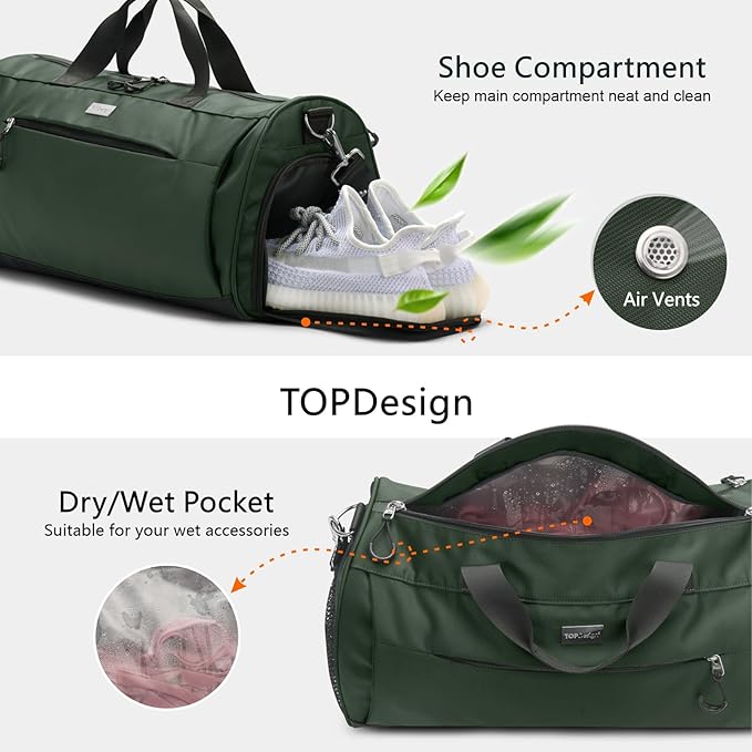 TOPDesign Gym Bag for Women & Men, Unisex Duffel Bag with Shoe Compartment & Wet Pocket for Travel Sports Gym (L Green)