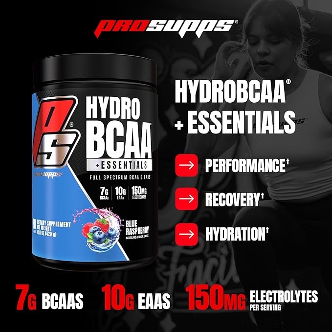 PROSUPPS HydroBCAA Essential Amino Acids Powder, Blue Raspberry - Workout Supplement with BCAA, EAAs & Electrolytes for Hydration & Recovery - Stimulant-Free, Soy & Gluten-Free - 30 Servings