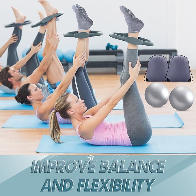 Poen 18 Pcs Pilates Ring Kit Home Pilates Ring Circle and Ball Set for Women Yoga Fitness Set with 5 Resistance Band Stretching Strap Non Slip Sock Ball Core Slider Wristband Headband Gym Bag