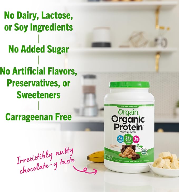 Orgain Organic Vegan Protein Powder, Chocolate Peanut Butter - 21g Plant Protein, 6g Prebiotic Fiber, Low Net Carb, No Lactose Ingredients, No Added Sugar, Non-GMO, For Shakes & Smoothies, 2.03 lb