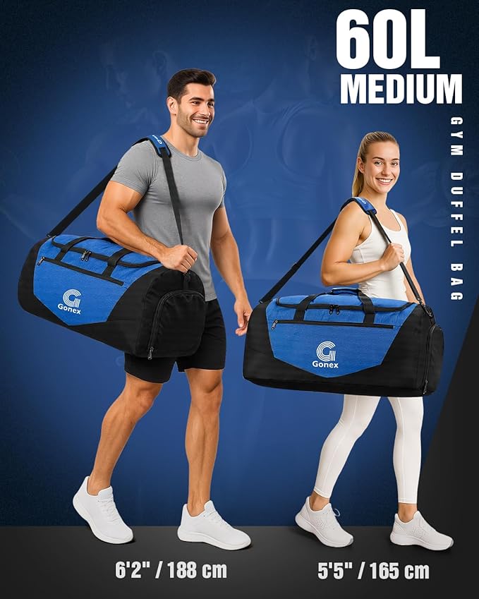 Gonex Gym Duffel Bag with Shoe Compartment Wet Pocket, Large Capacity Sports Duffle Bag for Men Women, Workout & Travel Bag with Multiple Pockets, Black/Blue, Medium (60L)