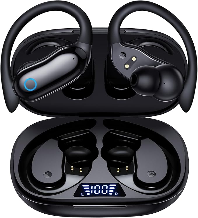 Active Noise Canceling Ear Buds Wireless Earbuds 96hrs Playback Bluetooth Headphones IPX7 Waterproof Stereo Bass Over-Ear Earphones with Earhooks Microphone LED Battery Display for Sports Workout