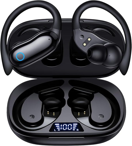 Active Noise Canceling Ear Buds Wireless Earbuds 96hrs Playback Bluetooth Headphones IPX7 Waterproof Stereo Bass Over-Ear Earphones with Earhooks Microphone LED Battery Display for Sports Workout