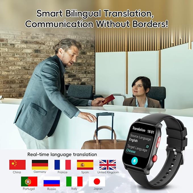 QTLLBT 9 Languages Translation Watch Smart Watch Bluetooth Call (Answer Make Calls) Fitness Tracker IP68 Waterproof 100+ Sports Heart Rate Sleep Android iPhone Men and Women Smart Watch (Black)