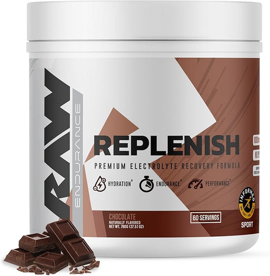 RAW Replenish, Premium Electrolytes Powder Recovery Formula, Chocolate (60 Servings) - Flavored Electrolyte Drink Mix Supplement for Hydration, Replenishment, Endurance & Performance Workouts