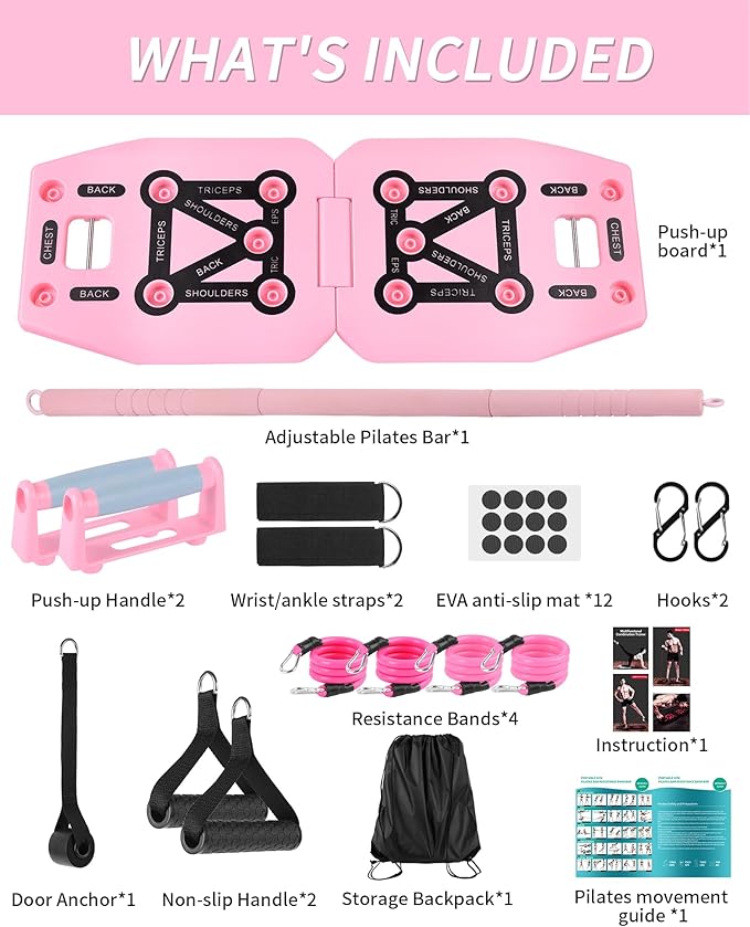 Home Gym Exercise Equipment - Portable Workout System 17 Fitness Accessories 9 in1 Push Up Board Set, Resistance Bands with Pilates Bar Strength Training Abs Shoulders