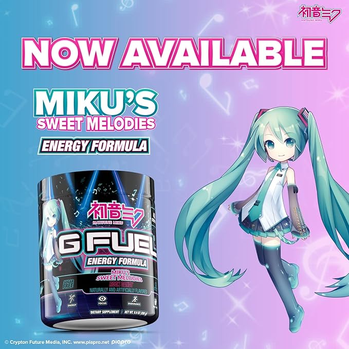 G Fuel Sweet Melodies Hatsune Miku Energy Drink Powder, Pre Workout Caffeine Mix for Gaming, Sugar Free Focus Amino, Vitamin + Antioxidants, 9.9oz (Rock Candy, 40 Servings)