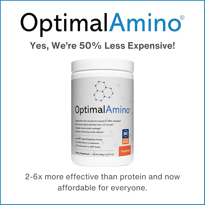 OptimalAmino Amino Acid Powder | 99% Utilized Essential Amino Acid (EAA) Supplement | Pre/Post Workout & Muscle Recovery | NSF for Sport Certified | Tangerine Flavor