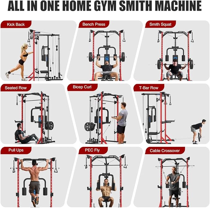 FAGUS Smith Machine Home Gym Power Cage with Pulley System, Space Saving Design Squat Rack with Full Body Strength Training Attachments, PEC Station & Fixed Cable Crossover Optional