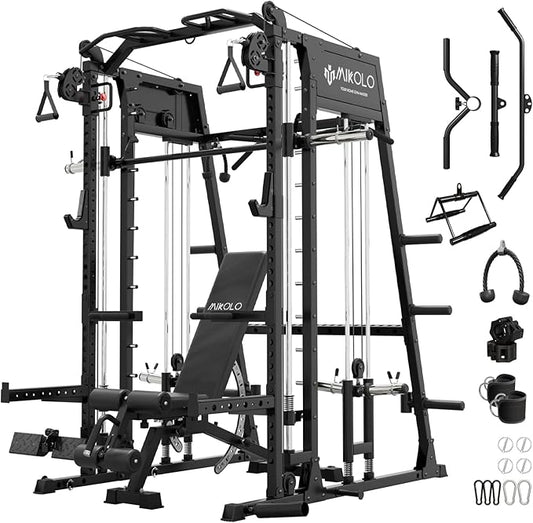 Mikolo Smith Machine, 2200lbs Squat Rack with LAT-Pull Down System & Cable Crossover Machine, Training Equipment with Leg Hold-Down Attachment