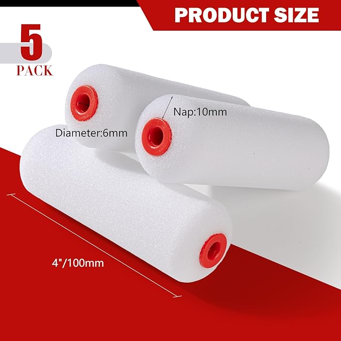 Mister Rui 4 Inch Foam Roller Covers 5-Pack, 30kg/m³ Medium Density - Washable & Reusable for Smooth Finish on Furniture, Cabinets, DIY Projects