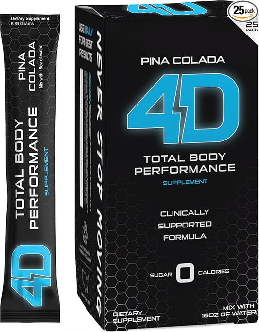 4D Pina Colada 25 Unit Box - Electrolytes, Aminos, Vitamins & Energy Powder Packets - Zero Calories & Sugars - Gluten Free, Non-GMO, Keto & Vegan Friendly