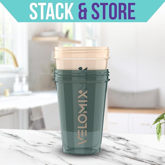 VELOMIX -2 Pack- 20 oz Protein Shaker Bottles for Protein Mixes - 2x Wire Whisk | Leak Proof Shaker Cups for Protein Shakes and Pre Workout | Protein Shaker Bottle Pack (L) Blue&Beige