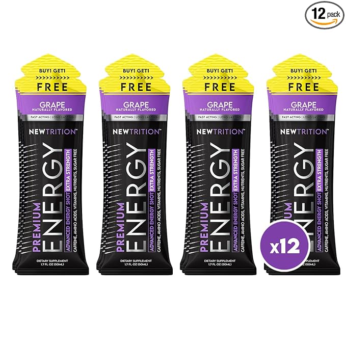 NewTrition® Extra Strength Energy Shots, 250mg Caffeine Energy Shots with Vitamin B & Amino Acids, Sugar-Free Vitamin Energy Shot, 1.7 fl oz (Pack of 12, Grape)