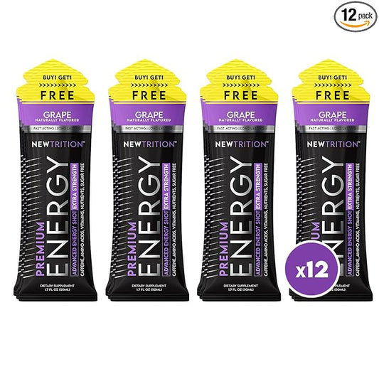 NewTrition® Extra Strength Energy Shots, 250mg Caffeine Energy Shots with Vitamin B & Amino Acids, Sugar-Free Vitamin Energy Shot, 1.7 fl oz (Pack of 12, Grape)