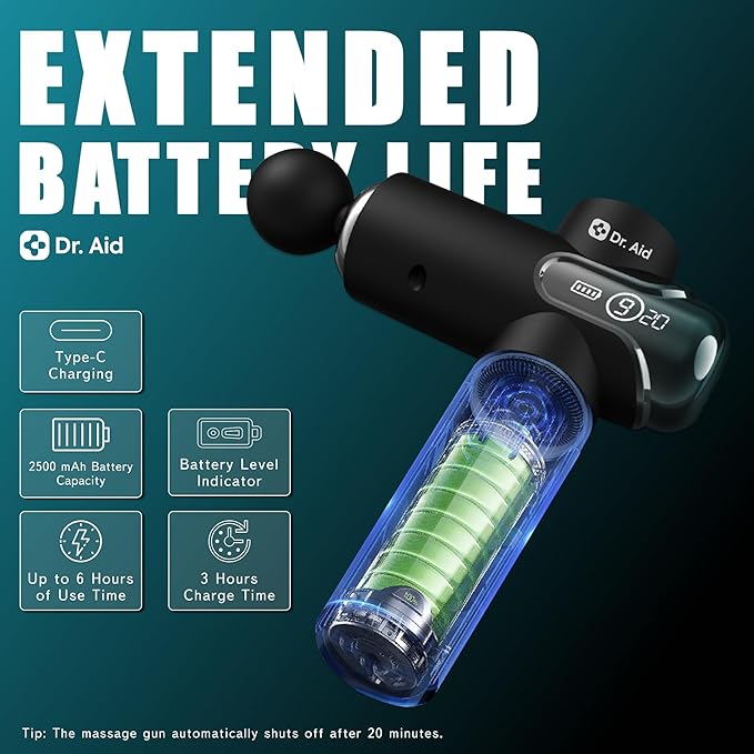Dr. Aid Massage Gun – Deep Tissue Muscle Massager Gun for Pain Relief, 8 Heads, AI-Powered 9-Speed Smart Levels, Quiet & Powerful Motor, 6-Hour Battery Life, Travel Case Included, Black