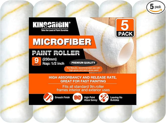 King Origin 9 Inch Microfiber Paint Roller Covers 1/2" Nap - Professional Wall & Ceiling Paint Supplies, 5-Pack Paint Roller Naps for Roller Frame, No Drip Painting Tools for Home