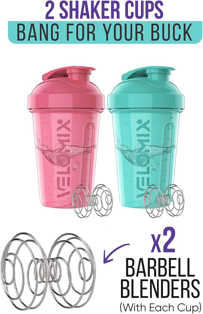 VELOMIX -2 Pack- 20 oz Protein Shaker Bottles for Protein Mixes - 2x Wire Whisk | Leak Proof Shaker Cups for Protein Shakes and Pre Workout | Protein Shaker Bottle Pack (Pink/Turquoise)
