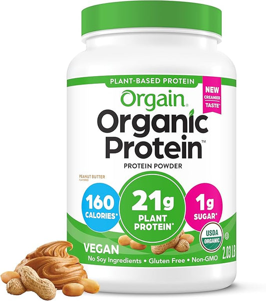 Orgain Organic Vegan Protein Powder, Peanut Butter - 21g Plant Protein, 7g Prebiotic Fiber, Low Net Carb, No Dairy Ingredients, No Added Sugar, For Shakes & Smoothies, 2.03 lb (Packaging May Vary)