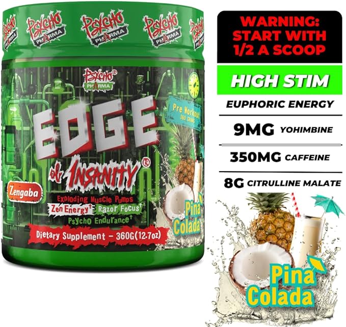 Psycho Pharma Strongest High Stim Preworkout Powder - Edge of Insanity - Most Intense Pre Workout Supplement for Pumps, Strength, Energy and Feel Good Focus. Rivals Famous PWOs of The Past