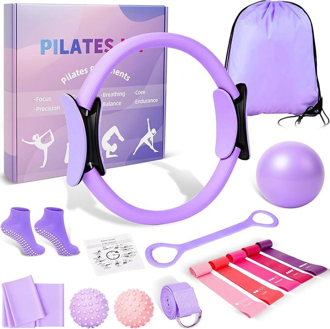 Home Pilates Kit for Women - 14 Pcs Pilates Equipment Set with Pilates Ring and Ball, 5 Resistance Bands Etc Accessories for Beginners Home Workouts - Includes Workout Guide