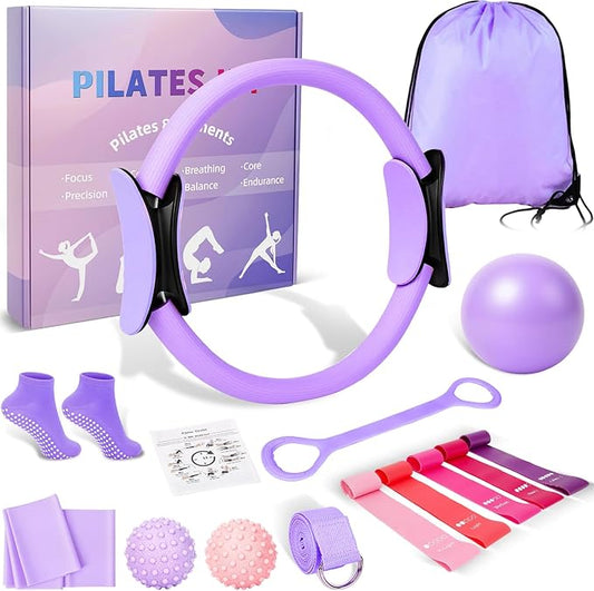 Home Pilates Kit for Women - 14 Pcs Pilates Equipment Set with Pilates Ring and Ball, 5 Resistance Bands Etc Accessories for Beginners Home Workouts - Includes Workout Guide