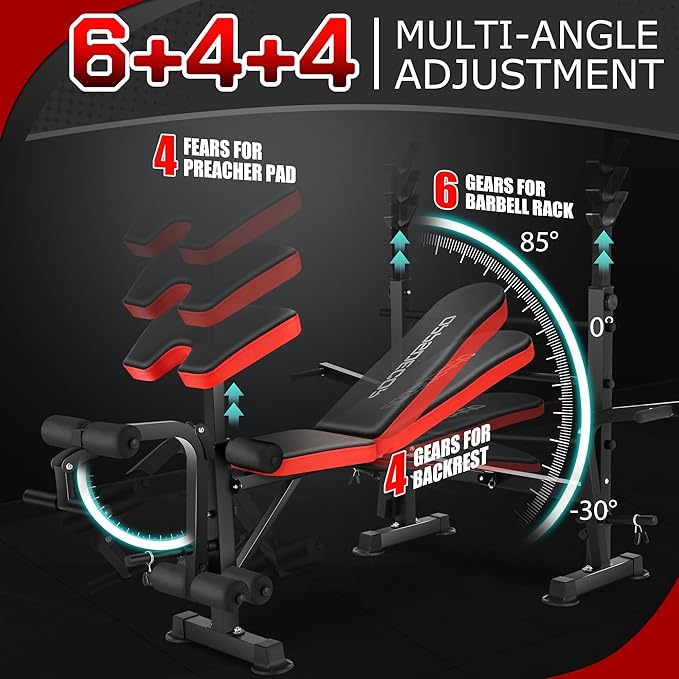 OPPSDECOR 660lbs 6 in 1 Weight Bench Set with Squat Rack Adjustable Workout Bench with Leg Developer Preacher Curl Rack Fitness Strength Training for Home Gym