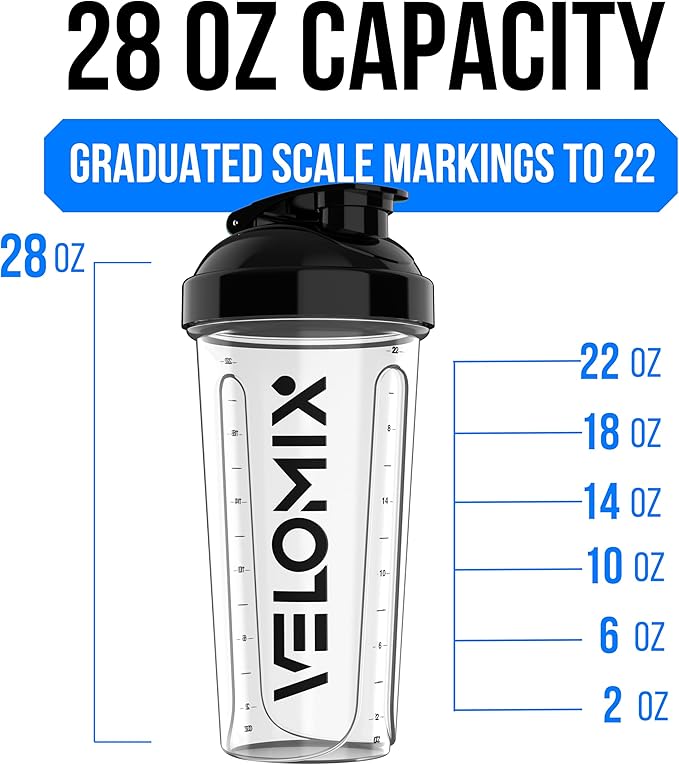 VELOMIX -2 Pack- 28 oz Protein Shaker Bottles for Protein Mixes - 2x Wire Whisk | Leak Proof Shaker Cups for Protein Shakes | Protein Shaker Bottle Pack | Shakers for Protein Shakes - 2xTransparent