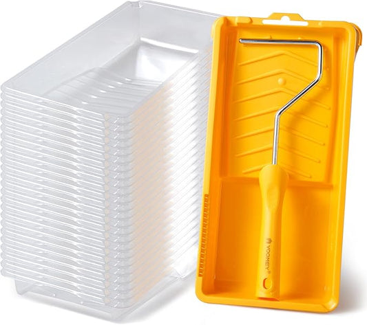 Voomey 4 Inch Paint Roller Tray - 24 Pack Plastic Liners & 1x Roller Frame, 4" Paint Tray Set, for Home Decor, Walls and Furniture Painting