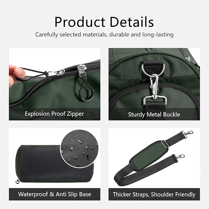 TOPDesign Gym Bag for Women & Men, Unisex Duffel Bag with Shoe Compartment & Wet Pocket for Travel Sports Gym (M Green)