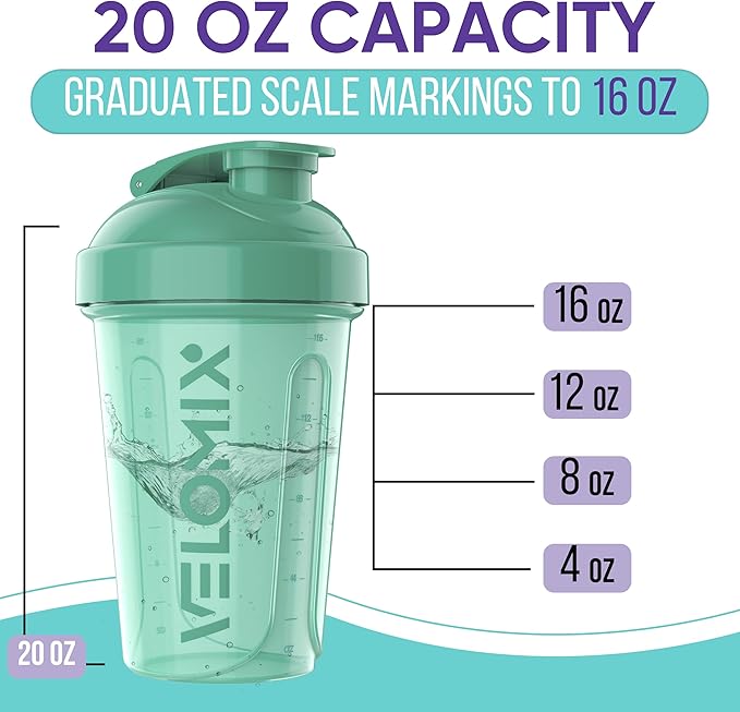 VELOMIX -4 PACK- 20 OZ Protein Shaker Bottles for Protein Mixes, Shaker Cups for Protein Shakes, Small Shaker Bottle Pack, Shaker Cup, Shakers for protein Shakes (Mint Drift)