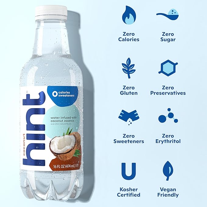 Hint Fruit-Infused Bottled Water, Coconut - Sugar Free Flavored Water with Zero Calories, Naturally Flavored, and No Artificial Sweeteners - 16 Fl Oz (Pack of 24)