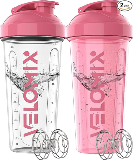 VELOMIX -2 Pack- 28 oz Protein Shaker Bottles for Protein Mixes - 2x Wire Whisk | Leak Proof Shaker Cups for Protein Shakes | Protein Shaker Bottle Pack (Pink/Transparent)