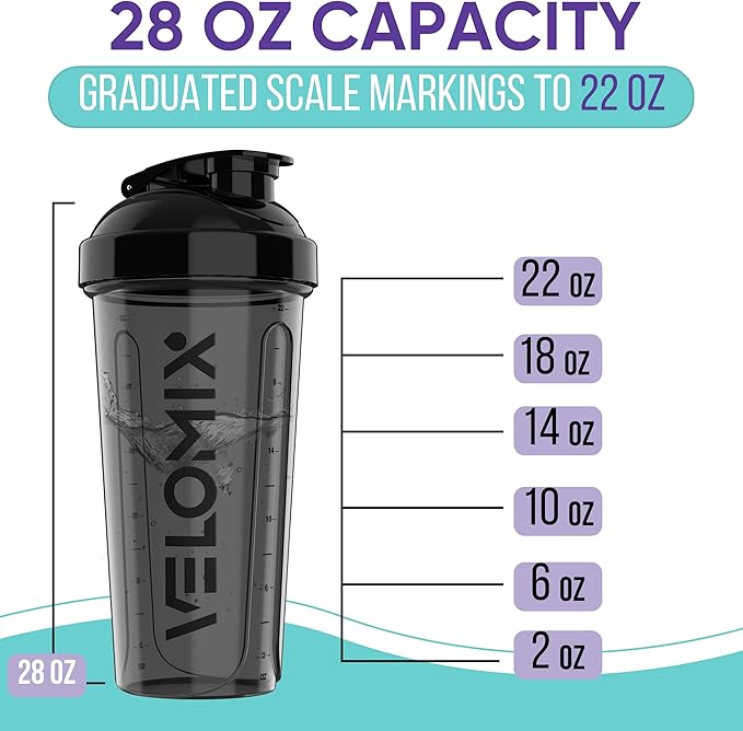 VELOMIX -4 PACK- 28 oz Protein Shaker Bottle for Protein Mixes - 4x Wire Whisk | Leak Proof Shaker Cups for Protein Shakes | Protein Shaker Bottle Pack | Protein Shake Cup (Clear Set)