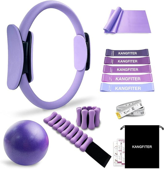 Pilates Equipment Kit for Home Workout, Pilates Ring and Ball Set with Adjustable Ankle Wrist Weights, Resistance Bands, Tape Measure, Bag, Pilates Essentials Accessories for Women Yoga