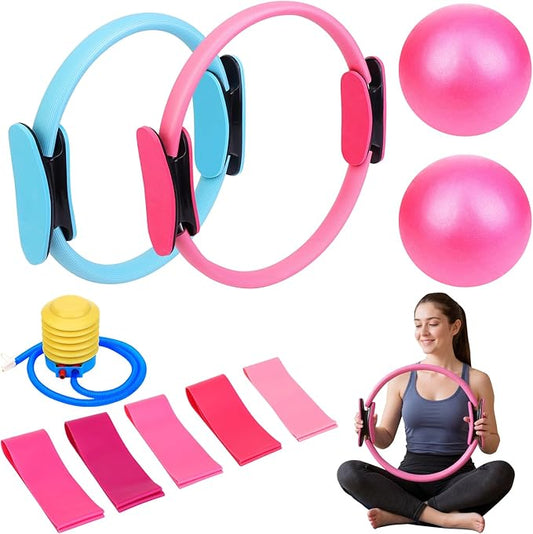Pilates Ring and Ball Set with Resistance Bands Exercise Ball for Women, Pilates Equipment Essentials Kit 14'' & 12'' Pilates Rings, 2 Pilates Balls with Pump, 5 Bands for Home Workouts