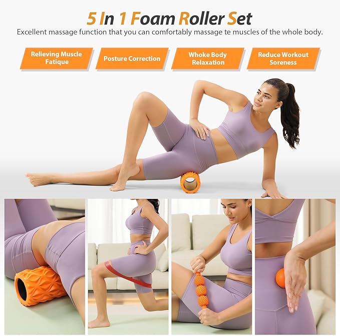 5 in1 Foam Roller Set, Trigger Point Foam Roller, Massage Roller Stick, Massage Ball, Resistance Band for Deep Muscle Massage Pilates Yoga,Fitness Exercise for Whole Body (Pure Orange)