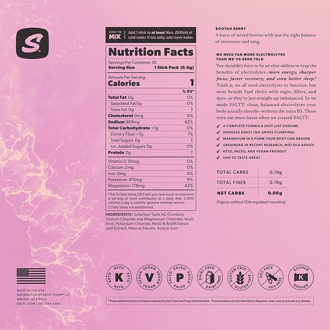 SALTT Electrolytes Powder Flavored Drink Mix - Booyah Berry - 30 Hydration Packets - Magnesium, Potassium, Sodium, Trace Minerals - Zero Sugar & Gluten Free - Travel Essentials