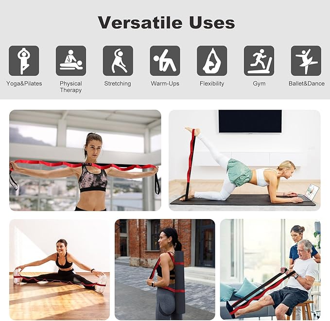 Durable Non-Elastic Stretch Strap for Physical Therapy and Yoga, 10 Loops Stretching Band for Pilates, Flexibility, Exercise - Ideal for Men & Women