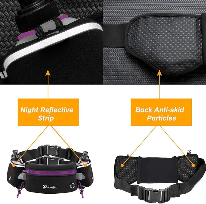 Running Belt with Water Bottles(2 x 175ML), Hydration Belt Waterproof Waist Pack Bag Fits iPhones Adjustable Sports Waist Pouch for Marathon Running Hiking Cycling, Purple