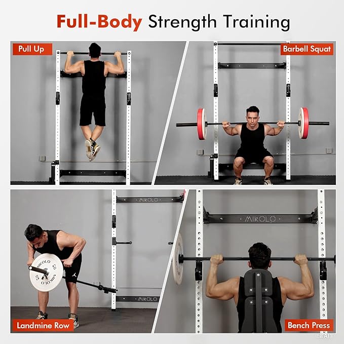 Mikolo 2" x 2" Folding Wall Mounted Squat Rack, 1000 Pounds Capacity Power Rack with Pull Up Bar, J Hooks and Other Attachments, Space-Saving Home Gym