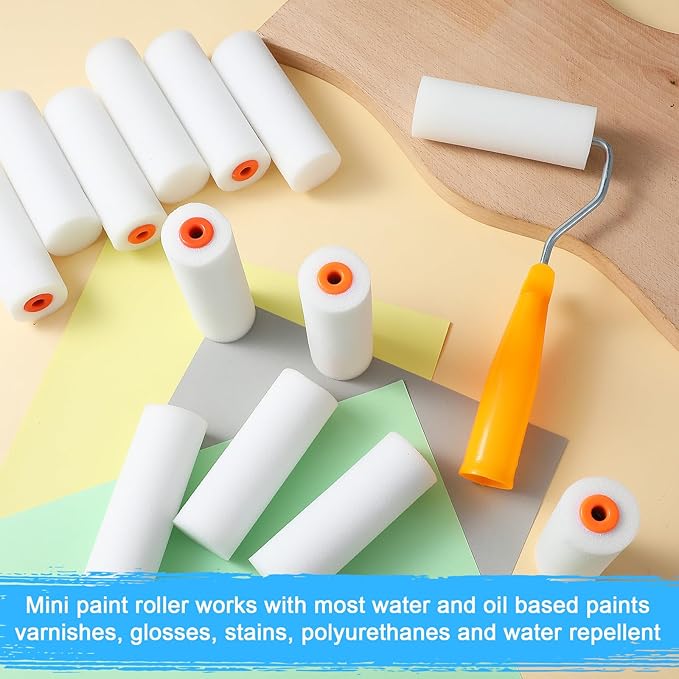 100 Pcs 4 Inch Foam Paint Roller with 2 Handles, Mini High Density Foam Roller Refills Paint Edger Tool for Walls Brings Smooth Finishes Flat Surfaces (White)