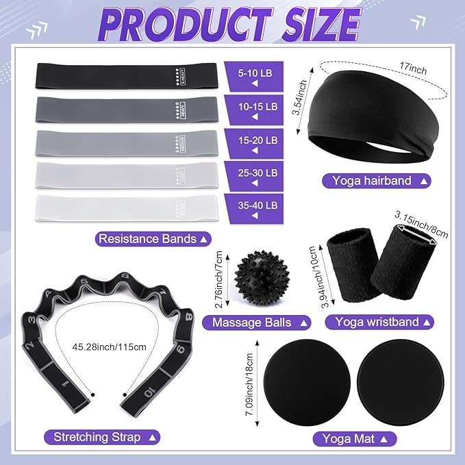 Poen 18 Pcs Pilates Ring Kit Home Pilates Ring Circle and Ball Set for Women Yoga Fitness Set with 5 Resistance Band Stretching Strap Non Slip Sock Ball Core Slider Wristband Headband Gym Bag(Black)