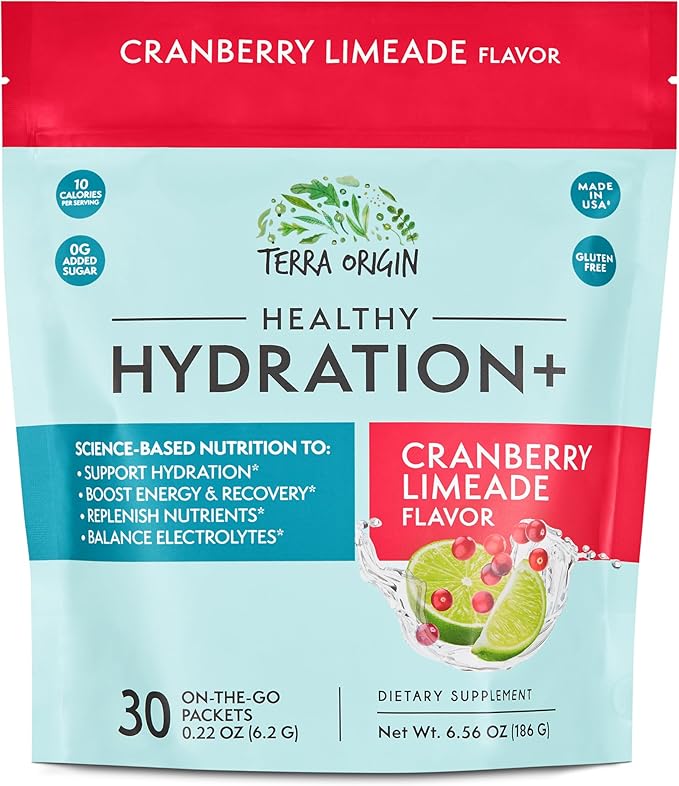 TERRA ORIGIN Healthy Hydration+ Recovery Drink Mix | 30 Stick Packs | Zero Sugar Added, Gluten Free | Cranberry Limeade