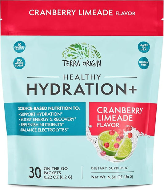 TERRA ORIGIN Healthy Hydration+ Recovery Drink Mix | 30 Stick Packs | Zero Sugar Added, Gluten Free | Cranberry Limeade