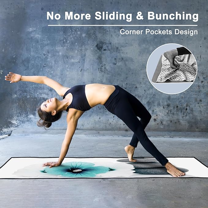 QiyI Yoga Towel with Travel Bag, Microfiber Mat-Sized Hot Yoga Towels, Non Slip Blanket with Corner Pockets, Quick Dry Mat Towel for Bikram, Pilates, Fitness - 70"x26", Pebbles & Blue White Flowers