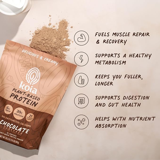 Koia Plant Based Protein Powder, Chocolate, 20g Protein, 3g Sugar, 6g Prebiotic Fiber, Pre & Post Workout, 21 Vitamins & Minerals, No Seed Oils, Dairy-Free, Gluten-Free, Non-GMO, 20 Servings, 28.2 Oz