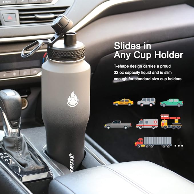 SENDESTAR Water Bottle 32oz,Wide Mouth Stainless Steel Vacuum Insulated Double Wall Keep Liquids Cold or Hot All Day,Sweat Proof Sport Design,Fit Car Cup Holder,2 Lids(Straw and Spout lid)(Gray&Black)