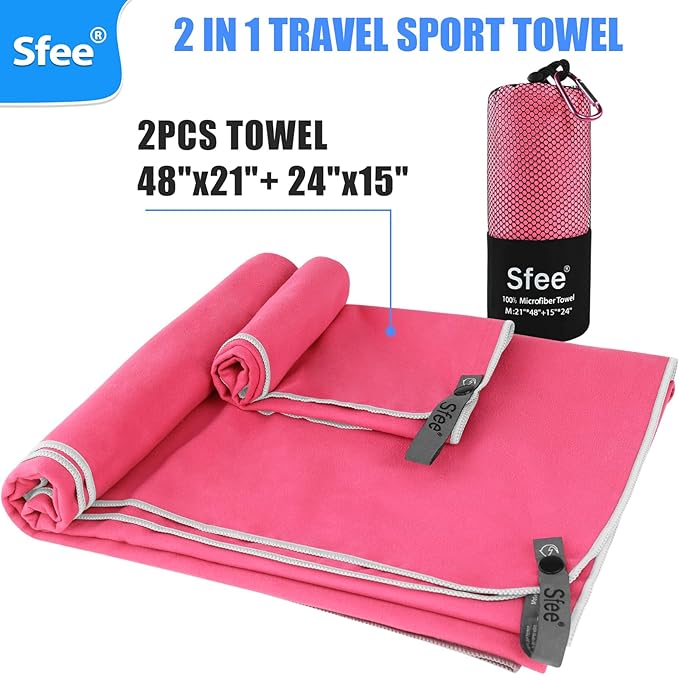 Sfee 2 Pack Microfiber Travel Towel, Quick Dry Towel Camping Towel Super Absorbent Compact Lightweight Sports Swim Gym Beach Towels Set for Gym, Hiking, Pool, Backpacking, Bath, Yoga